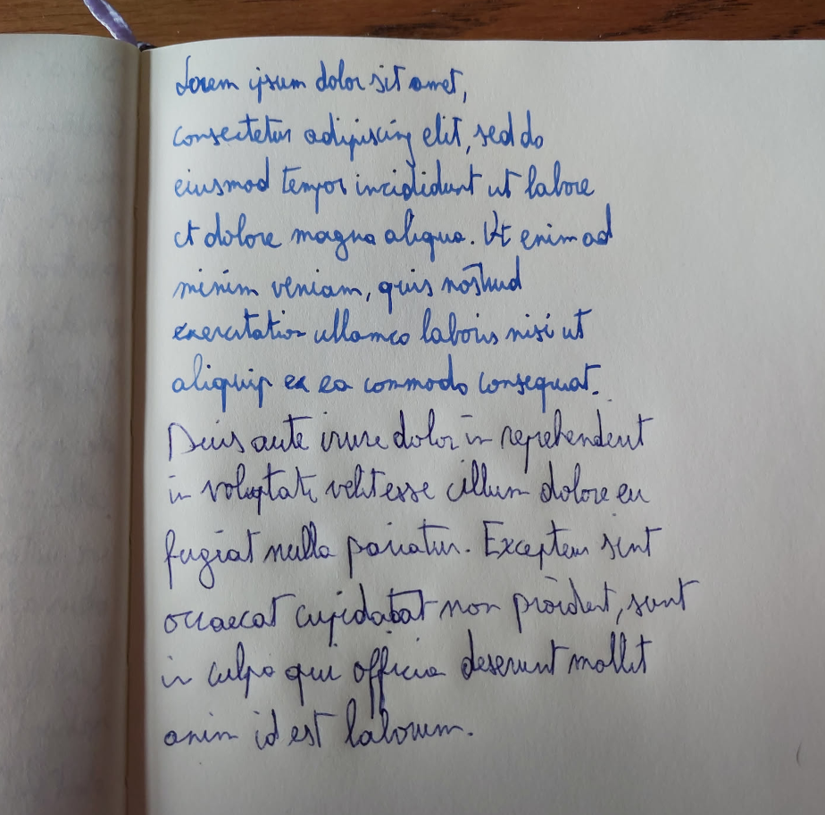 Image showing hand-written lorem ipsum. The first part is in fountain pen, the second part in ballpoint pen. Both parts have a bad handwriting.
