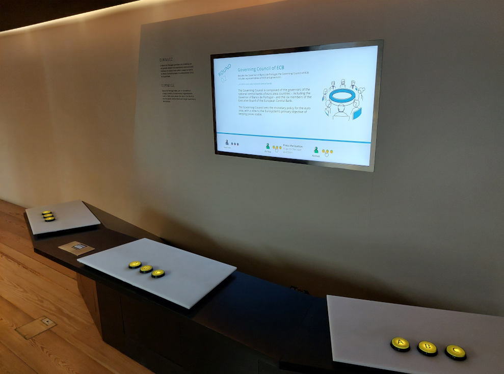 Screen with a table in front. The table has three places containing three buttons, to vote 'A', 'B' or 'C'