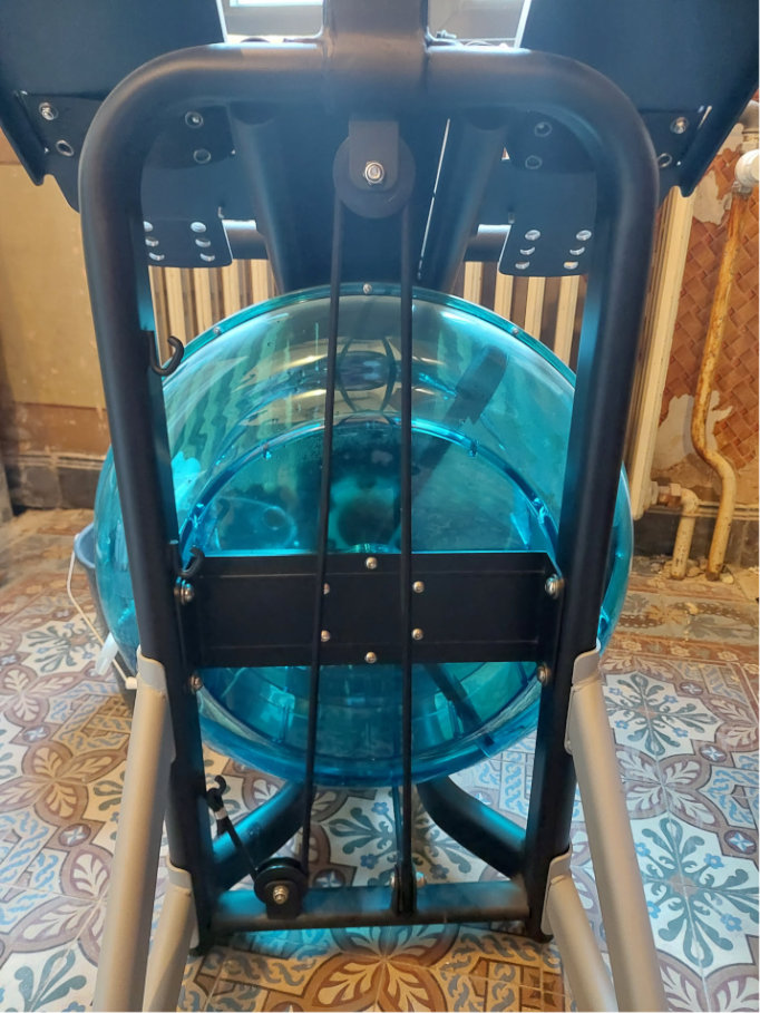 Picture of the water tank of a rowing machine, with the machine in the up position. It does not look like anything is wrong with it.